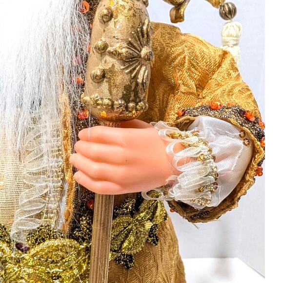 Gold Victorian Santa Standing 16.5" Bag of Gifts Staff Boots Orange Beaded Trim - Picture 11 of 16